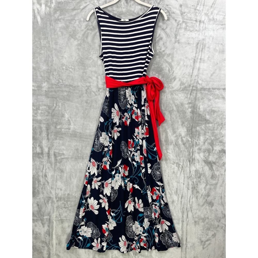 Egs by Eloges Summer Dress Size S? Stripe Floral Maxi Fit‎ Flare Red Tie Stretch
